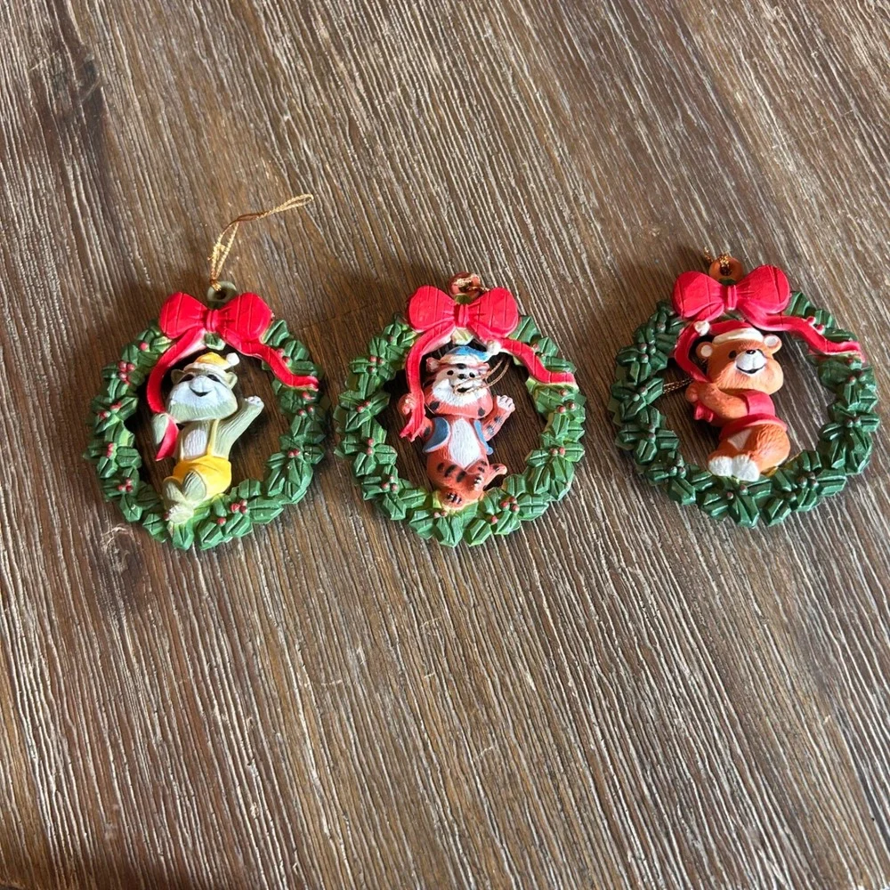3 Christmas Ornaments Cute Cartoon Characters Wreath Red Bows Holiday‎ Vintage